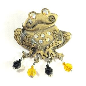 Quirky Smiling Frog Pin with Iridescent Rhinestones